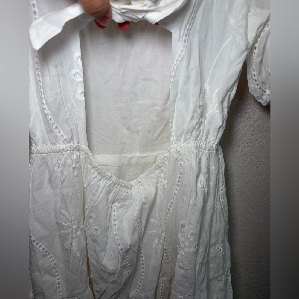 NWT Indikah Tied Back A-Line White Eyelet Mini Dress Large Boho Party Event - Picture 7 of 14